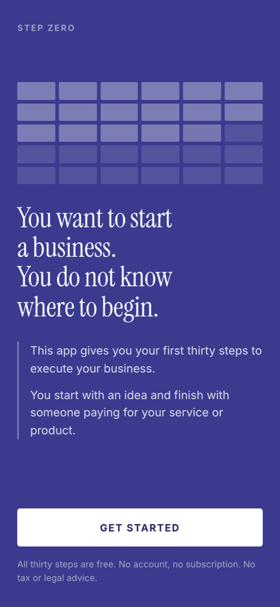 The opening screen of Step Zero